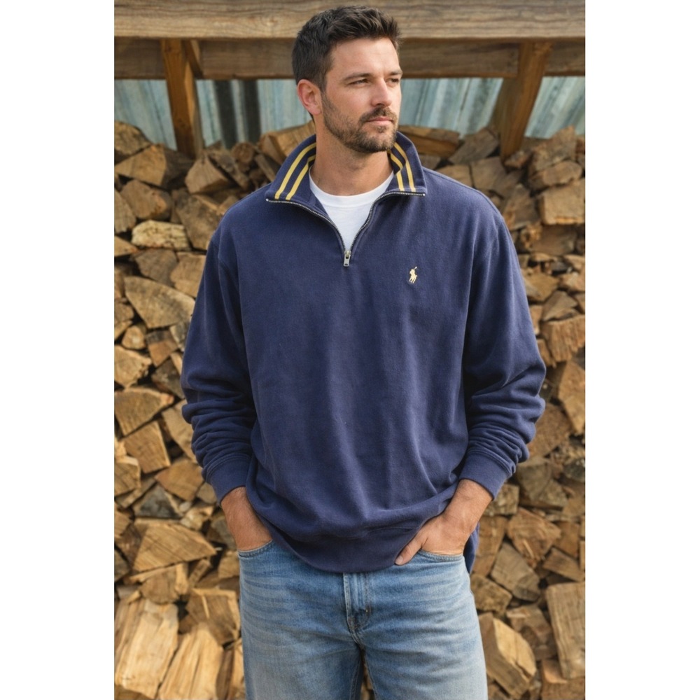 Vintage Polo Ralph Lauren Stripe Collar Quarter Zip Blue Jumper Sweater Men's XL